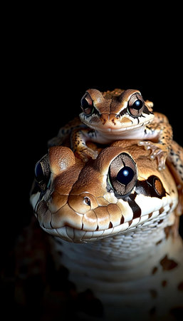 Tenderness in the Night Close-up of Two Frogs, One Comforting the Other, on a Black Backgroundの素材