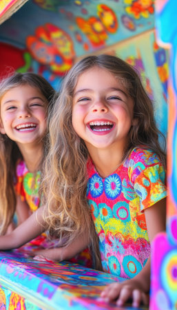 Two Young Girls with Infectious Smiles Explore a Colorful Van, Perfect for Summer Adventuresの素材