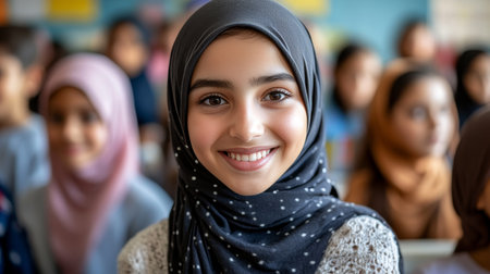 Close Up Portrait Of A Muslim Schoolgirl Wearing Hijab With A Big Smile In A Classroom Environmentの素材