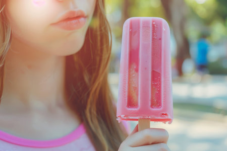 Close-up, Young Girl Holding Refreshing Pink Popsicle, Summer Treat on a Sunny Day at the Parkの素材