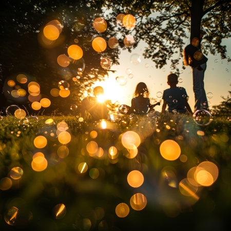 Golden Hour Family Picnic Sharing Laughter, Bubbles, and Joy on a Late Summer Eveningの素材