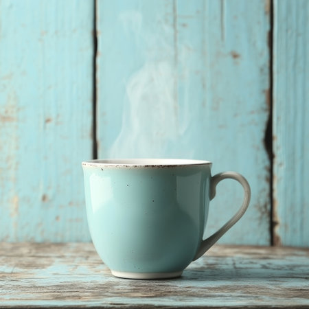Steaming Blue Coffee Mug on Rustic, Distressed Turquoise Blue Wood Table with Copy Spaceの素材