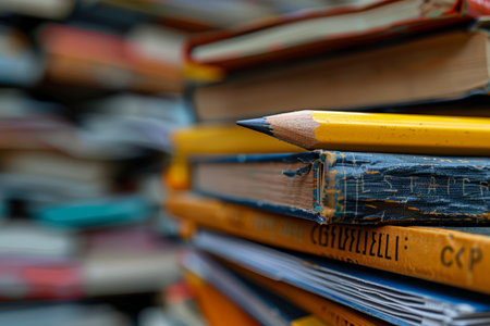 Back to School Towering Stack of Textbooks Topped with a Single Pencil, Classic Conceptの素材
