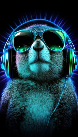 Cool Neon Party DJ Raccoon Wearing Headphones and Sunglasses, Isolated on Black Backgroundの素材