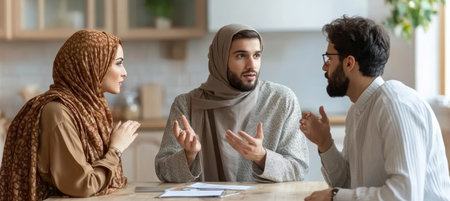 Young Arab Businessman in Traditional Clothing Discusses Project with Colleagues During a Meetingの素材