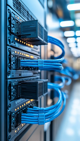 Network Attached Storage, Server Rack With Fiber Optic Cables, Modern Technology Background.の素材