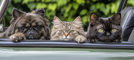Three Furry Friends, a Dog and Two Cats, Enjoy a Road Trip, Peeking Out of a Car Window.の素材