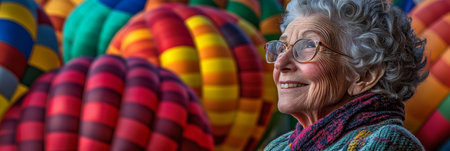 Joyful Senior Woman at Colorful Hot Air Balloon Festival, Summer Fun and Adventure Conceptの素材
