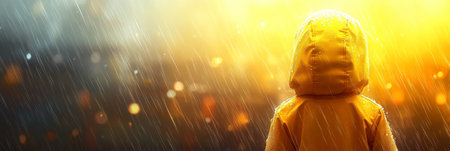 Child in Yellow Raincoat Finds Joy in Rainy Day, with Bokeh City Lights in Backgroundの素材