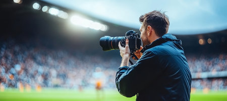 Professional Photographer With Telephoto Lens Capturing the Action at a Crowded Football Stadiumの素材