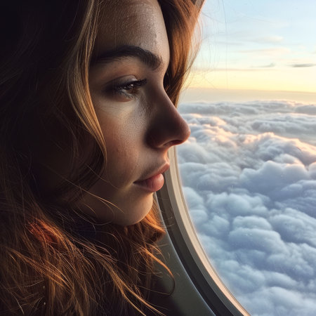 Lost in the clouds Young woman with long hair lost in contemplation looking out the window at planeの素材