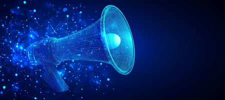 Abstract Digital Megaphone On Blue Technology Background. Announcement Symbol In Linesの素材