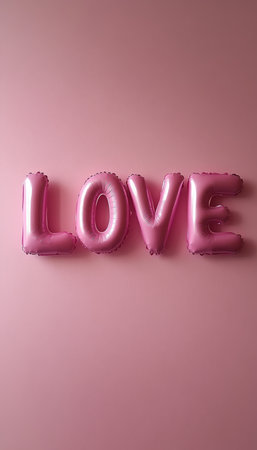 Romantic Pink Foil LOVE Balloons on a Soft Pastel Background, Perfect for Valentine s Dayの素材