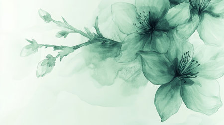Gentle Mint Watercolor, Delicate Floral Illustration, Whimsical Spring Flowers on Soft Backgroundの素材