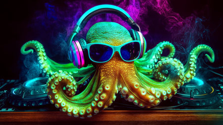 Neon Party Octopus DJ Groovy Underwater Cephalopod Spinning Electronic Music with Styleの素材