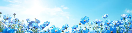 Beautiful Blue Cosmos Flowers Field Blooming Under Summer Blue Sky, Summer Flower Backgroundの素材