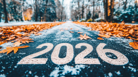 Road to 2026 Empty Road With 2026 Painted on Pavement, Autumn Leaves, Fresh Snow, Winter Sceneryの素材