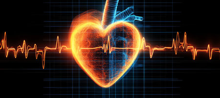 Glowing Anatomical Heart with Network Grid and Vibrant Electrocardiogram Line on Black Backgroundの素材