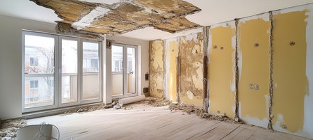 Renovation in Progress Apartment Under Construction with Demolition Debris and Exposed Wallsの素材