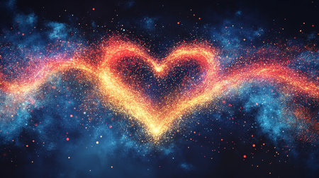 Glowing Heart of Red and Orange Particles on a Futuristic Blue Background, Vector Illustrationの素材