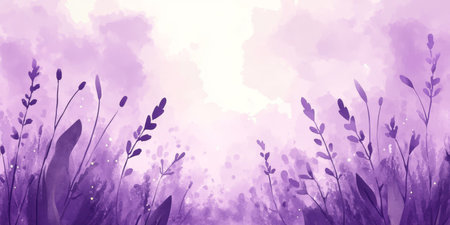 Abstract Watercolor Lavender Herbs at Dawn, Soft Purple Background, Whimsical and Serene.の素材