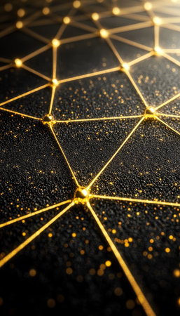 Golden Geometry Network Of Illuminated Dots And Lines On A Dark Background, Abstract Designの素材