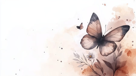 Watercolor Butterfly and Meadow Flowers, Minimalist Gentle Illustration on Muted Orange Backgroundの素材