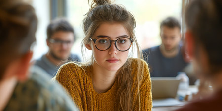 Concerned Young Woman Surrounded By Colleagues In Busy Open Plan Office, Natural Light.の素材