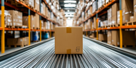 Cardboard Box on Conveyor Belt in Distribution Warehouse, Shipping Logistics, and Delivery Conceptの素材