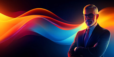 Confident Businessman with Abstract Vibrant Waves of Blue, Cyan, Red, and Orange Flowing Behind Himの素材