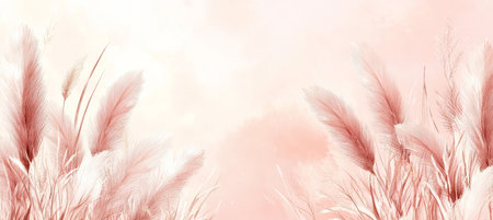 Elegant Airy Pastel Pink Watercolour Wash With Detailed Ink Sketches of Tall Grasses And Seed Headsの素材