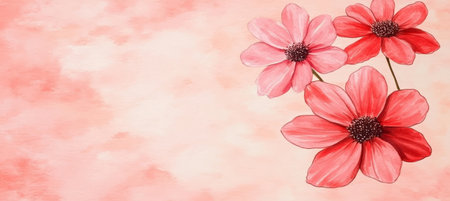 Delicate Cosmos Flowers in Gentle Watercolour, Dreamy Floral Background, Pastel Coral Tonesの素材