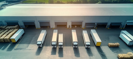 Aerial View Of A Modern Logistics Center With Loading Docks And Delivery Trucks Parked In A Row.の素材