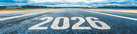 Empty Asphalt Road To The Horizon With 2026 Written On It, Leading Towards A Dramatic Skyの素材