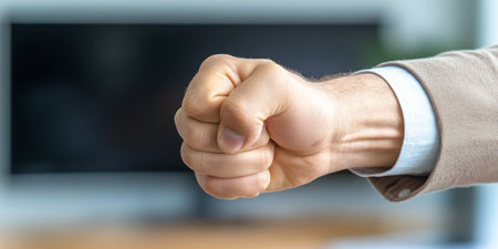 Close-Up of a Businessman s Clenched Fist A Symbol of Power, Determination, or Aggressionの素材