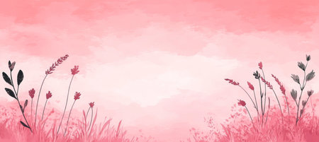 Serene Blush Pink Watercolor Background With Botanical Line Art, Grassy Meadow, Subtle Texturesの素材