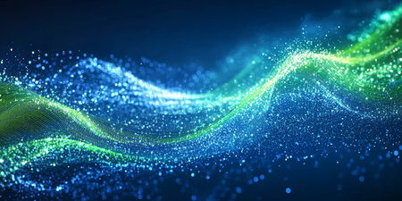 Abstract Blue and Green Luminous Wave of Particles A Representation of Data Flow and Digital Energyの素材