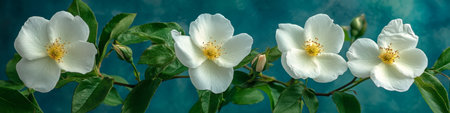 Five White Rose Flowers in Bloom on Branches with Green Leaves Against a Teal Backgroundの素材
