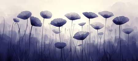 Ethereal Purple Poppies in Watercolor, Pastel Minimalist Floral Illustration, Delicate Flower Artの素材