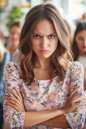 Frustrated Young Woman with Arms Crossed, Feeling Angry and Isolated in a Busy Officeの素材
