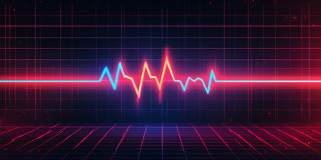 Glowing EKG With Red And Blue Peaks On A Dark Grid, Representing Healthcare And Technology.の素材