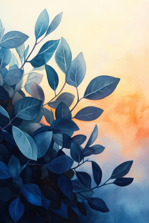 Blue Leaves on Watercolor Texture, Botanical Illustration, Abstract Nature Backgroundの素材