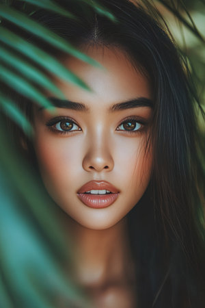 Tropical Beauty A Portrait of a Young Woman with Flawless Skin and Lush Green Foliageの素材