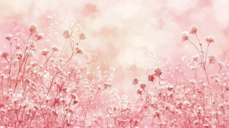 Blush Pink Meadow Background, Serene Floral Illustration, Subtle Textures, Dreamlike Atmosphereの素材
