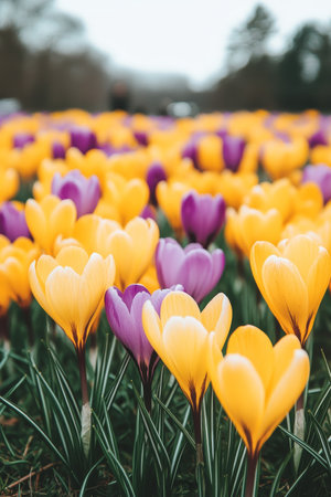 Blooming Beauty Vibrant Yellow and Purple Crocuses in Springtime, Shallow Depth of Fieldの素材