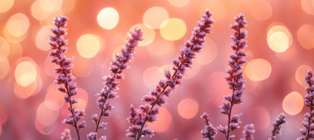Lavender Flowers in Bloom Vibrant Purple Blossoms Against a Dreamy, Golden Hour Bokeh Backgroundの素材