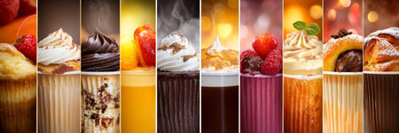 Coffee, Cakes, Pastries Collage. Warm Colors. Delicious Desserts, Beverages Close-Up.の素材