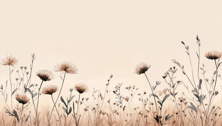 Delicate Wildflowers in Pastel Peach Watercolor Background with Ethereal Glow and Soft Lightの素材