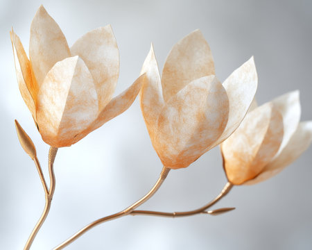 Three Handcrafted White Magnolia Blossoms On Thin Gold Wire With White Background, Studio Shotの素材