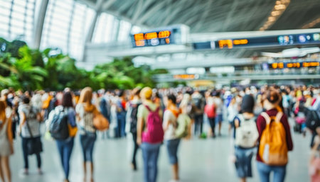 Airport Travel Blur Diverse Passengers Rush Through a Busy Modern Terminal, 20s and 30s Lifestyleの素材